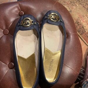 Michael Kors Navy Leather Logo-Embellished Ballet Flats